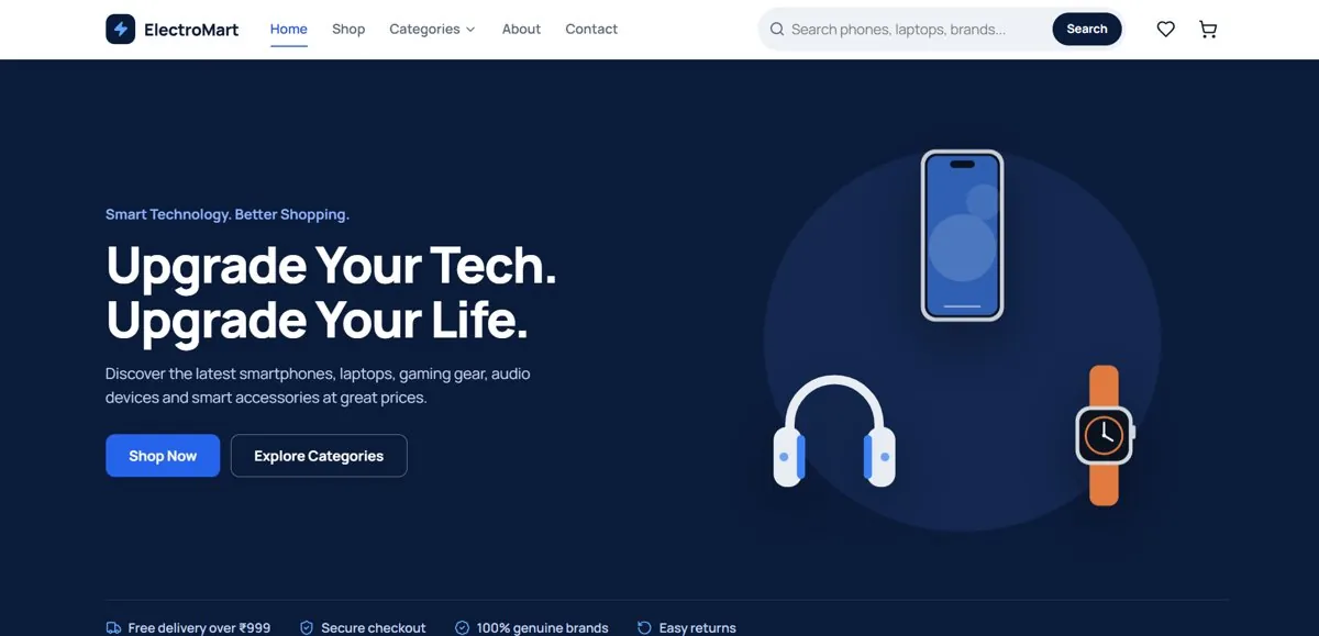 ElectroMart home page showing the hero banner and product search