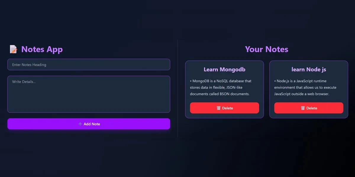 React Notes app with a form to add notes and a list of saved note cards